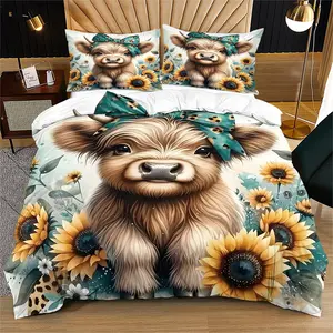 Cute Highland Cow Duvet Cover Set (2/3 Pcs: 1 Duvet Cover + 1/2 Pillowcases, No Filler), Decorative Duvet Cover, Flower, Butterfly, pastoral, parent-child, kids' room, homestay guest room, apartment space, kids, couples, family, friends