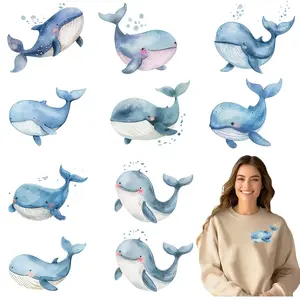 12 Piece Cartoon Whale Iron-On Transfer Stickers, DIY DTF Heat Press Appliques for T-Shirts, Face Masks, Jeans, Backpacks, Washable PVC Patch