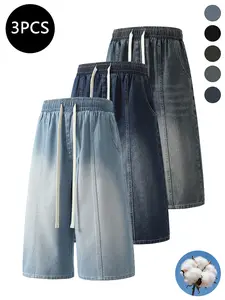 3-pack men’s jeans for autumn/winter, high cotton content, minimalist versatile straight-leg trendy streetwear 7/8 jeans—ideal for everyday commuting and casual wear for men