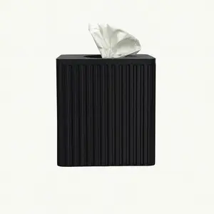 Cube Tissue Box Cover - Modern Black Ribbed Design for Home Decor and Office Use, Compact & Functional, Easy to Use, Contemporary Style