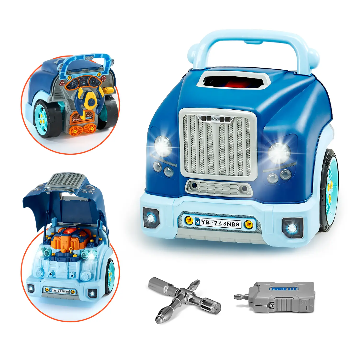 VEVOR Engine Toy,  , 60 Pieces, Kids Mechanic Car Repair Set with Removable Parts, Lights and Sounds, Steering Wheel and Horn, Kids Mechanic Workshop Set for Toddler Ages 3 Years and Up, Blue