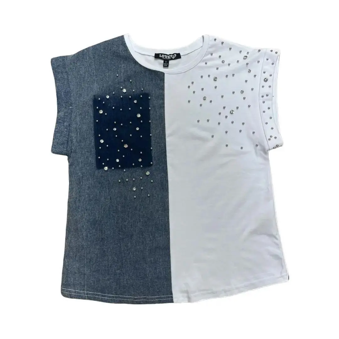 Women's Yordy 2-Tone Denim and White Cotton Shirt with Bat Stone Inlay - Casual Streetwear Fashionable Urban Style Blouse