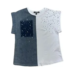 Yordy Two-tone shirt, Denin and White with stone inlay, fashionable urban style.