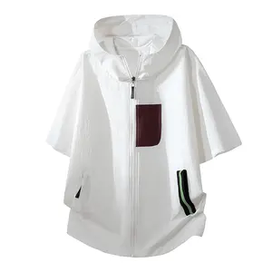 Men’s color-block pocket patchwork hooded short-sleeve sun jacket with full zipper, breathable lightweight fabric for summer, loose casual sporty style, versatile open-front top  #Summervibes