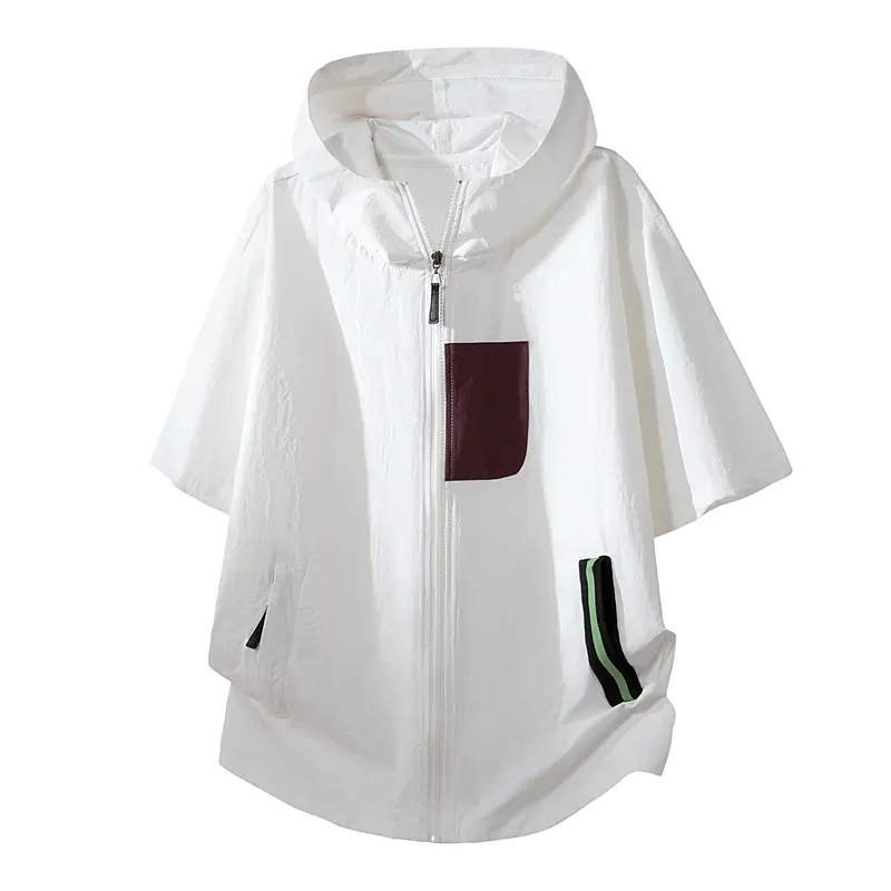 Men’s Color-Block Pocket Patchwork Hooded Short-Sleeve Sun Jacket - Sporty Stylish Male Clothing, Full Zipper, Breathable Lightweight Summer Fabric, Loose Casual Athleisure Top, Versatile Open-Front Design, Father’s Day Gift