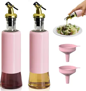 10oz/300ML Food Grade Glass Olive Oil Dispenser Bottle Set of 2, Pink-Gold Non-Drip Leakproof Spout, 1-Handed Hold, Pink Funnel, Safe & Healthy Multi-Functional Kitchen Utensils