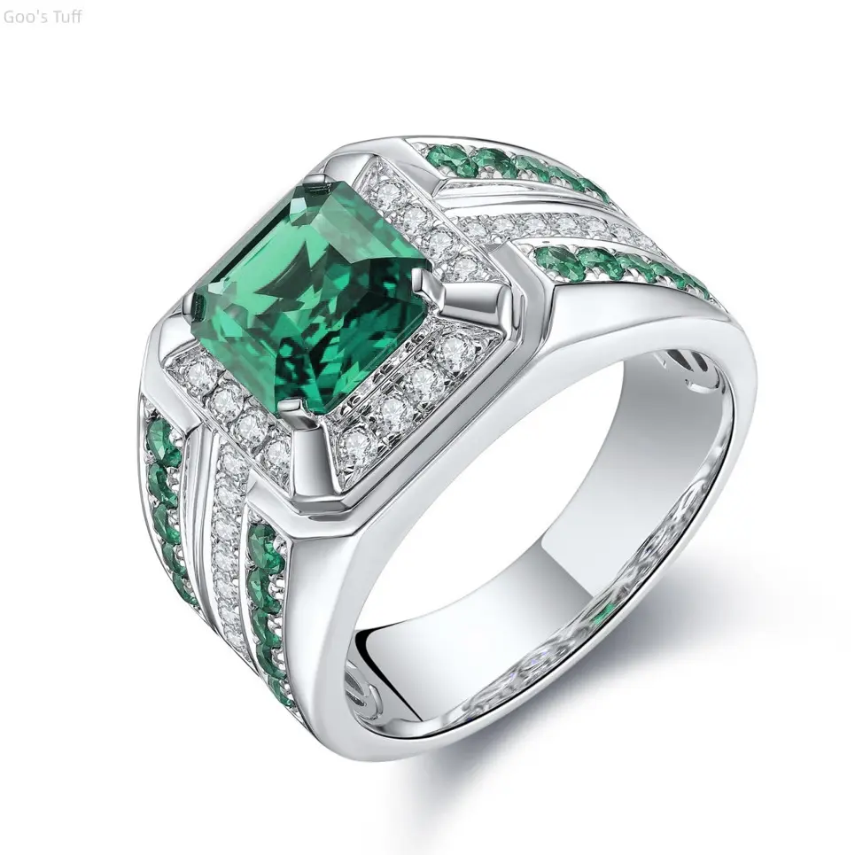Men's Silver Alloy Statement Ring - Full Paved Square Green Zircon, Polished, Sparkling Stones, New Arrival Trendy Finger Band for Daily, Party Wear (Fashion Costume Jewelry Accessory)