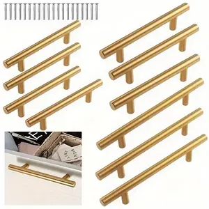 10-Pack Brushed Gold Kitchen Drawer Handles, Modern Elegant Design, Modern Aesthetic, Includes Screws, Suitable for Cabinets, Dressing Tables, Dressers, Furniture Hardware