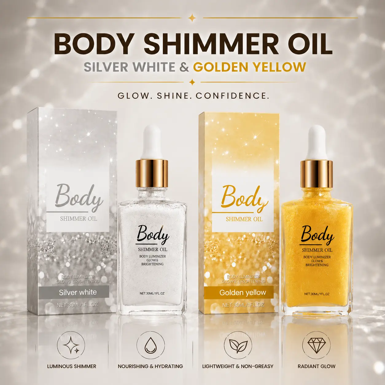 Holographic Body Shimmer Oil, Hydrating Liquid Illuminator with a Cooling Sensation for Face & Body, Radiant Glow for All Skin Types, 30ml