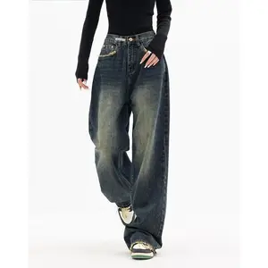 Wide Leg Baggy Jeans for Women Casual Loose Denim with 4 Traditional Pockets, Zip Fly, Button Closure & Belt Loose Fit Fabric Clothing Pants Blue Women's Wear Bottom Trouser Streetwear Comfort Wide Leg Bell Bottom Jeans Minimalist # dealsforyoudays