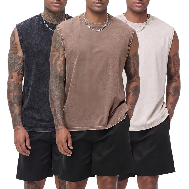 3-pack vintage textured pure cotton sleeveless T-shirts with a distressed wash; crew neck, wide shoulders; casual athletic base layer tank tops for sports, leisure, fitness, running, and basketball.