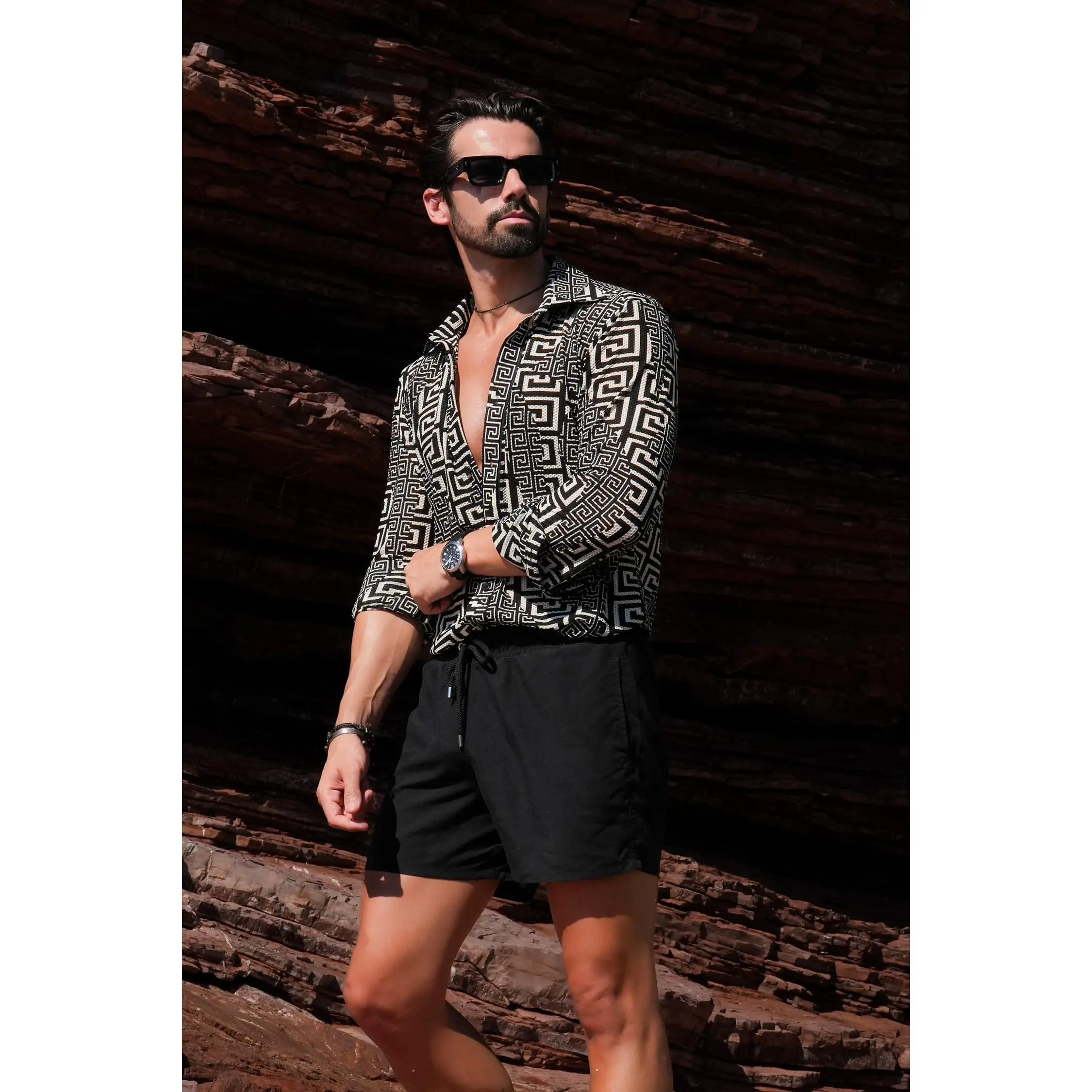 Shenzhen Greek Key Long Sleeve Shirt - Black Print Design, Spandex Fabric, Stylish Menswear Top for Day Wear