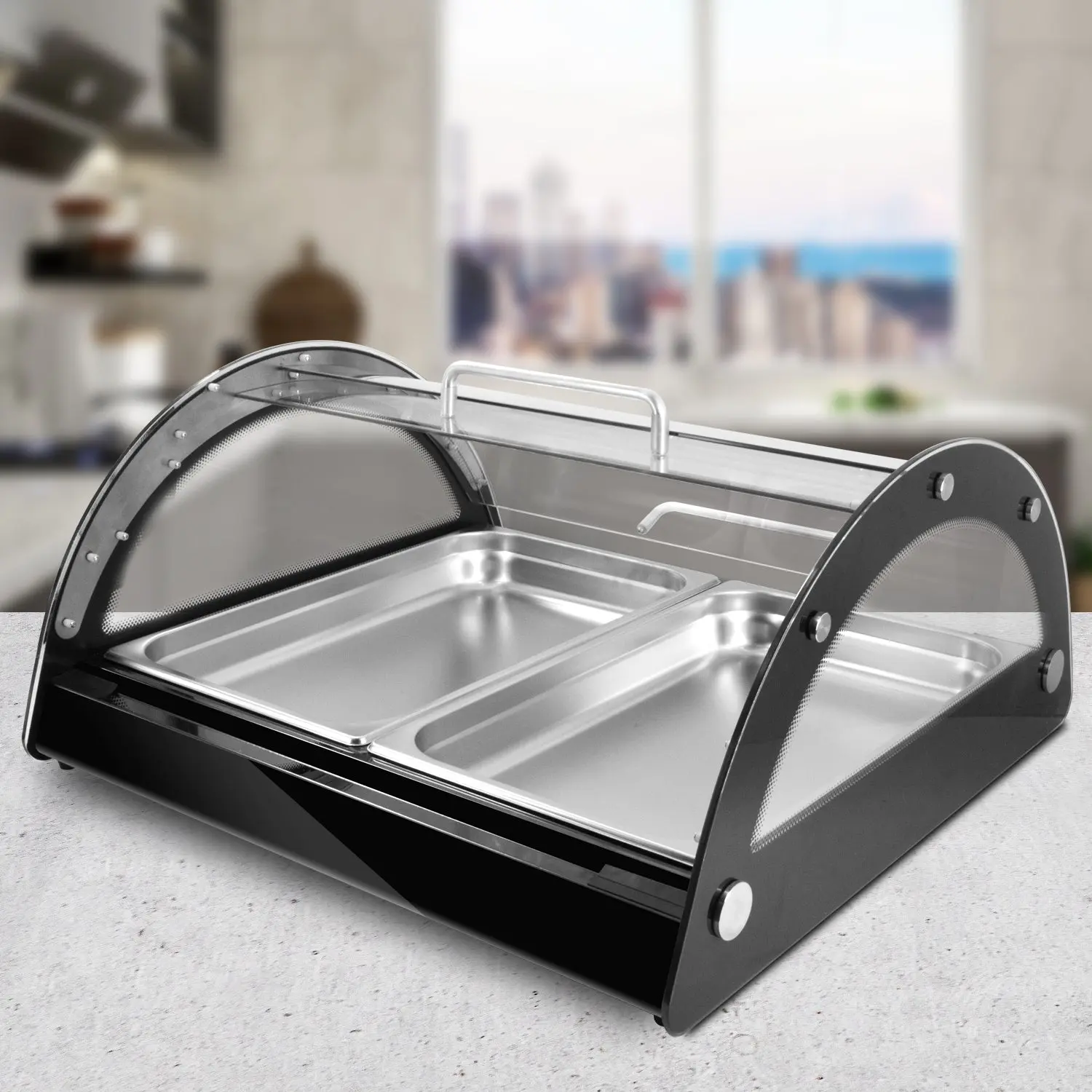 Hakka Durable Stainless Steel & Glass Compact Space-Saving Commercial Countertop Baking Display Case for Baked Goods, Fits 2 GN1/1 Pans, Black, Convenient Full-Service Access for Customers