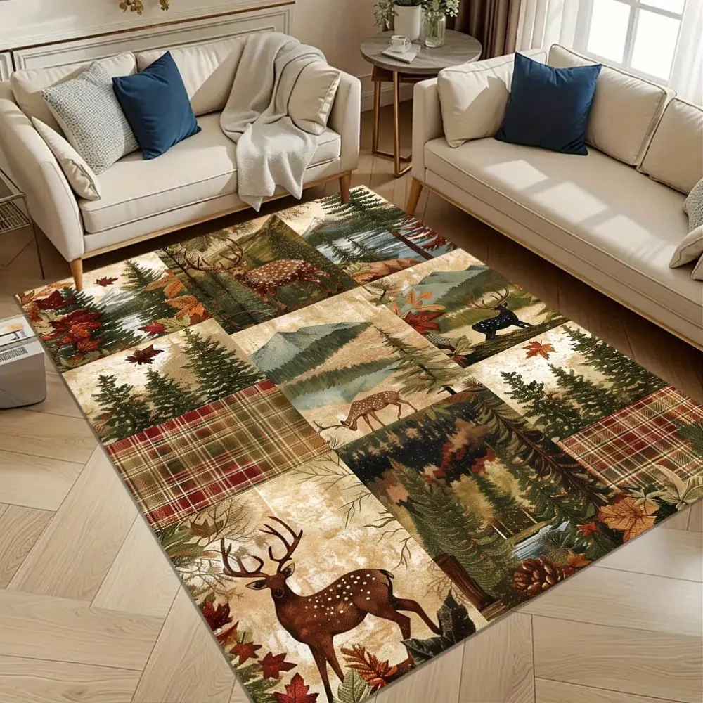 Vintage Plaid and Forest Deer Rug Non-Slip Backing Machine Washable for Living Room Bedroom Hallway Elegant Home Decor Floor Mat with Washed Bottom