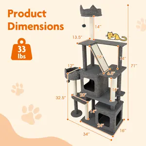 COSTWAY - 71 Inch Tall Cat Tree Multi-Level Large Cat Tower with Scratching Posts-Grey