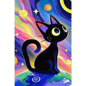 1PCS Galaxy Cat Diamond Painting Kit Black Kitten with Big Eyes Colorful Space Planets Stars DIY Craft