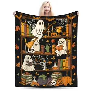 Cute Halloween Ghost Flannel Blanket Spooky Bookshelf Cartoon Throw Blanket Cozy Aesthetic Soft Plush Blanket for Bed Sofa Couch Lightweight Warm All Season Blanket for Kids Teens Home Decor Gift