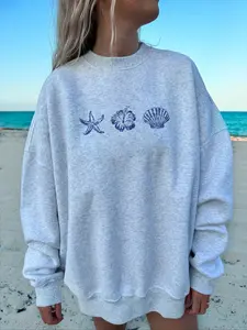 Women's Floral Shell Print Fleece Pullover Sweatshirt, Casual Loose-Fit Round Neck Jumper for Fall & Winter, New Arrival Womenswear