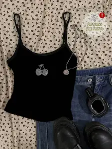 Women's Cherry Print Slim-Fit Crop Top, Sweet Spicy Sleeveless Design, Sexy Summer Home Wear, Thin Fabric Casual