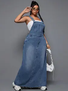 Women's Plus Size Y2K Denim Overall Dress, Edgy Jean Pinafore Dress for Curvy Women, Baddie Streetwear