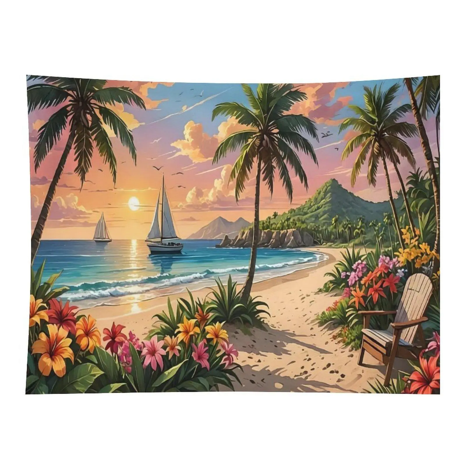 Vibrant Tropical Sunset Wall Tapestry - Palm Tree, Sailboat, Ocean Beach, Flowers Decor - Hawaiian Island Landscape Wall Hanging for Vacation-Themed Bedroom, Dorm Backdrop