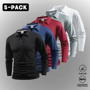 Men’s Versatile Solid Color Polo Shirt Set of 5 – Soft Stretch Fabric, Quick-Dry Moisture-Wicking, Comfortable Fit, Essential for Work and Everyday Casual Wear