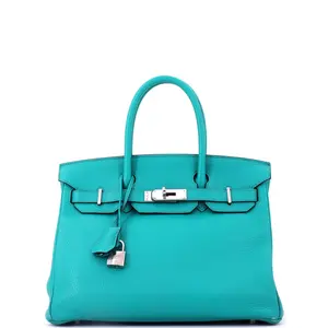 Pre-owned HERMÈS Leather Top Handle Bags Hermes Birkin Handbag Bleu Paon Clemence with Palladium Hardware 30 by Rebag
