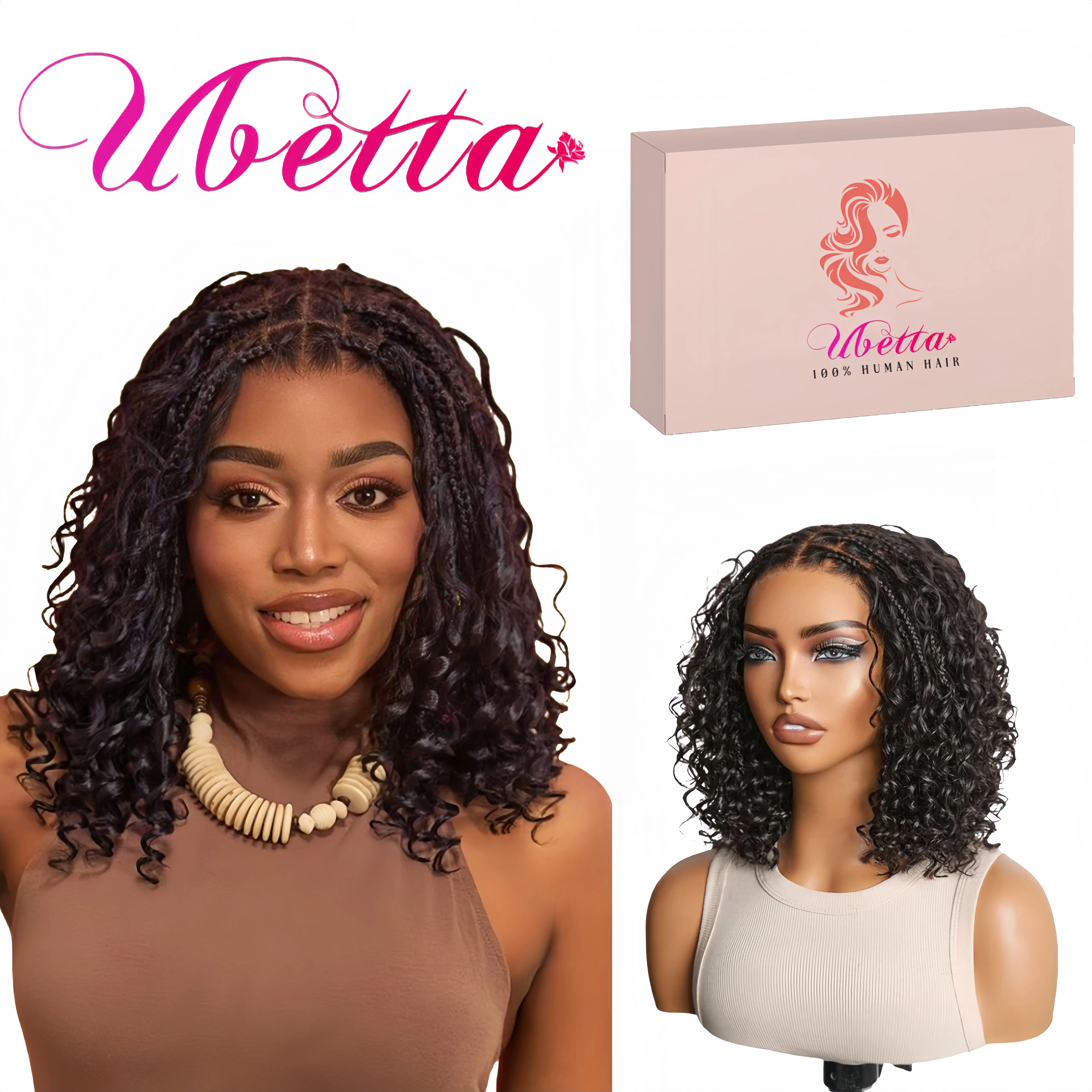 Boho Braid Wig Natural Black Curls 100% Human Hair Pre-Plucked Baby Hair Hand-Woven 5x5 High-Definition Full Lace Wig for Black Women 10-12 Inches Lace Frontal Wig Lace Hairline Wig