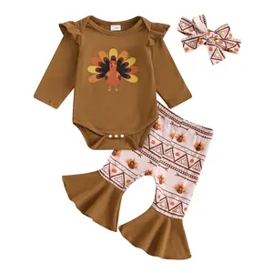 Newborn Baby Girl Thanksgiving Outfits Turkey Print Romper Flare Pants Sets My First Thanksgiving Baby Girl Outfit