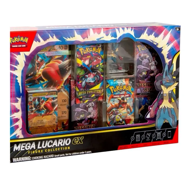 Pokémon Mega Lucario Ex Figure Collection Box with 1 Lucario Figure 2 Packs of Mega Evolution 2 Packs of Destined Rivals 1 Journey Together Pack and 2 Promo Cards