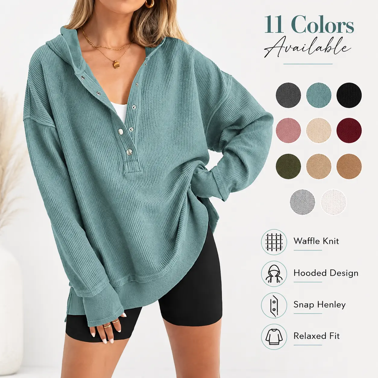 Women Waffle Knit Hooded Henley Sweatshirt, Snap Button V Neck Long Sleeve Pullover, Relaxed Oversized Loose Fit Casual Hoodie Top with Side Slits