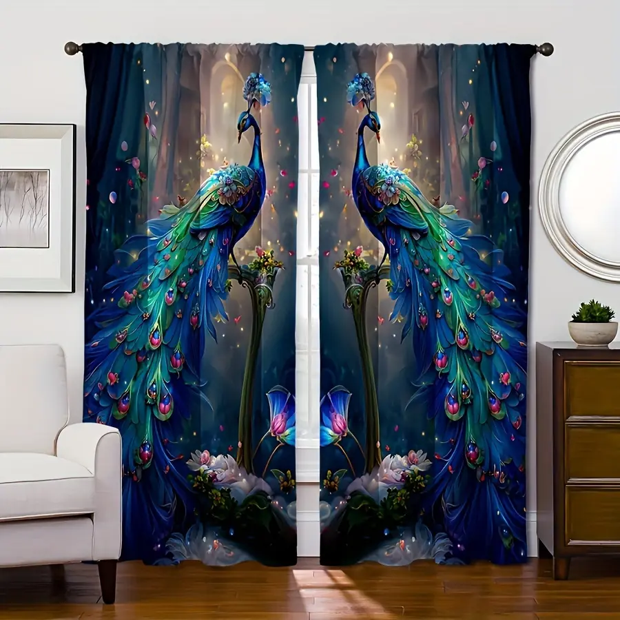 2-Piece Polyester Animals-Themed Glam Peacock Motif Digital Print Rod Pocket Curtains, Blue Feather Home Decor for Living Room Office, Rod-Suitable