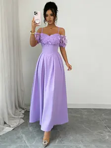Elegant Feminine Women's Floral Embroidered Maxi Dress, Off-Shoulder Thin Straps High Waist A-Line Gown, Wedding/party/formal Occasion
