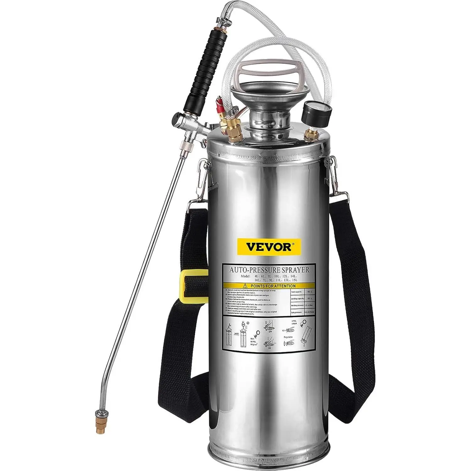 VEVOR 3 Gallon Stainless Steel Sprayer, 20" Wand & 3FT Reinforced Hose, Hand Pump Sprayer with Pressure Gauge, Safety Valve & Adjustable Nozzle, Weed Sprayers for Lawn, Gardening & Sanitizing