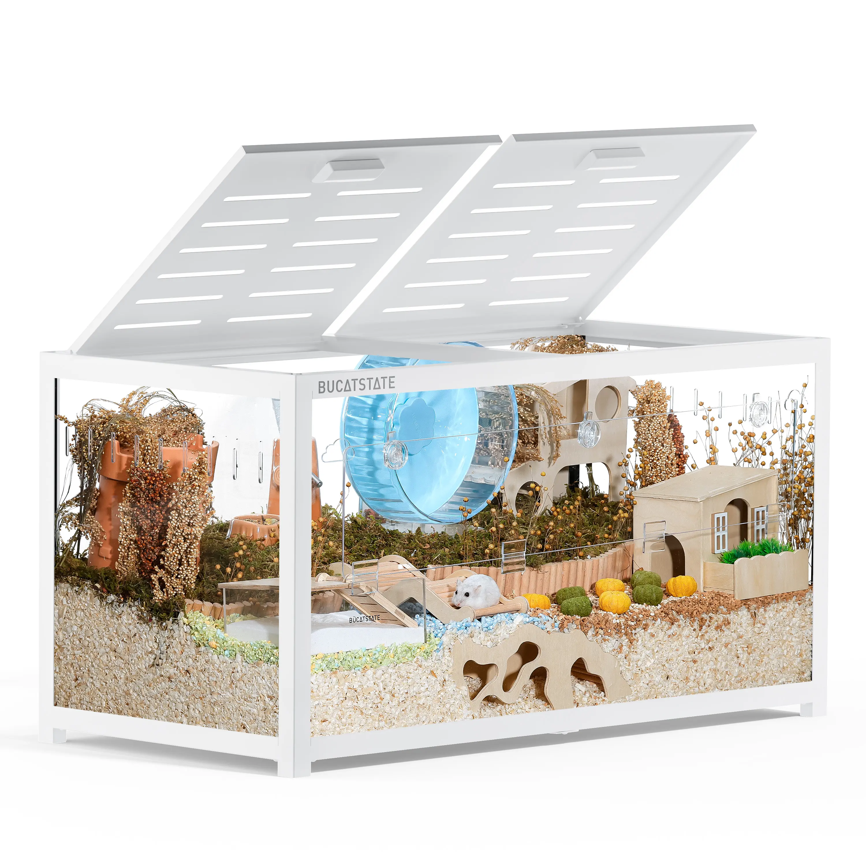 BUCATSTATE 3.0 Proper Hamster Cage - Large Metal Frame Animal Enclosure with 5.4 sq.ft Roaming Space, Secure Locks, Ventilation System, 39.3L×19.7W×20.6H in, 55lb Capacity, Seamless Bottom No Spills, Stackable Easy-Assemble, Top Access for Hamsters