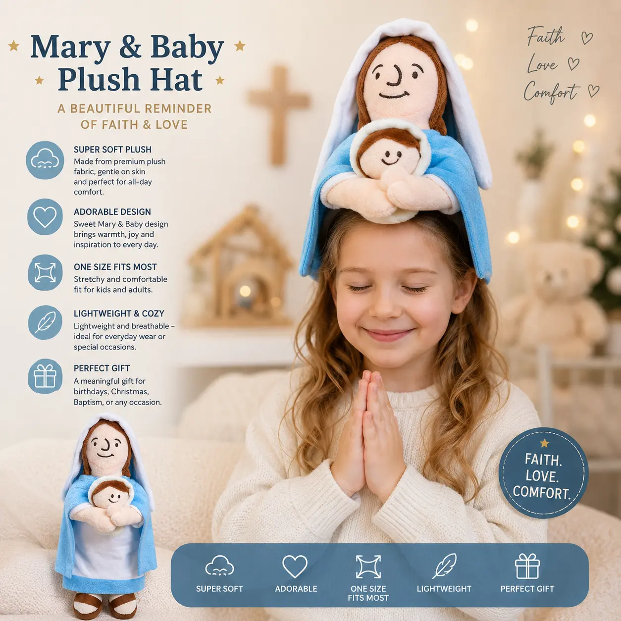 13-Inch Lifelike Face Jesus Image Plush Figure - Ultra-Soft PP Cotton Unisex Religious Stuffed Ornament, Baptism Gift, Safe Faith Home Decor Fashion Accessory