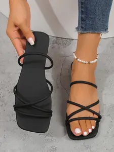 Summer New Square Toe Cross Strap Flat Sandals Classic Home Wear Fashion Casual Lightweight Comfortable Flats