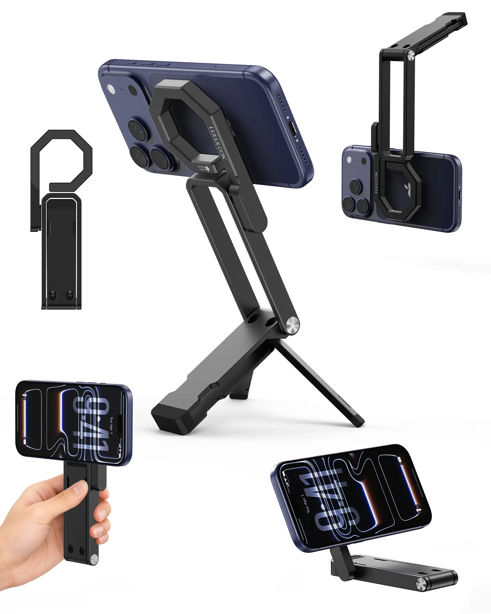 LULULOOK Rugged Magnetic Alloy Smartphone Tripod Stand - Magsafe Phone Holder Accessories for iPhone 13-17 Pro Max/Air/Pixel 10, Android, Universal Compatibility, Stable, Portable, Landscape Use, Black, Cellphone