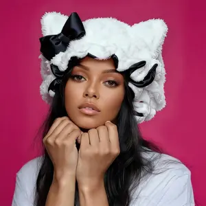 Women's Satin Lined Sleeping Bonnet - Teddy Exterior with Cute Ears, Silky Satin Lining for Daily Hair Care, Frizz Control, Smooth Curl Care