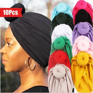 10Pcs/Pack Women's Solid Color Donut Knot Elastic Hair Cap, African Indian Style Headband Hair Cap, Elastic Sleep Cap