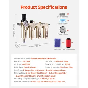 VEVOR Air Compressor Filter Regulator, 3/4 NPT 4-Stage 5m 0.3m 0.1m 0.1m Air Drying System with Micron Filters Double Desiccant Dryer, Auto Drain Air Compressor Water Separator 175PSI Max