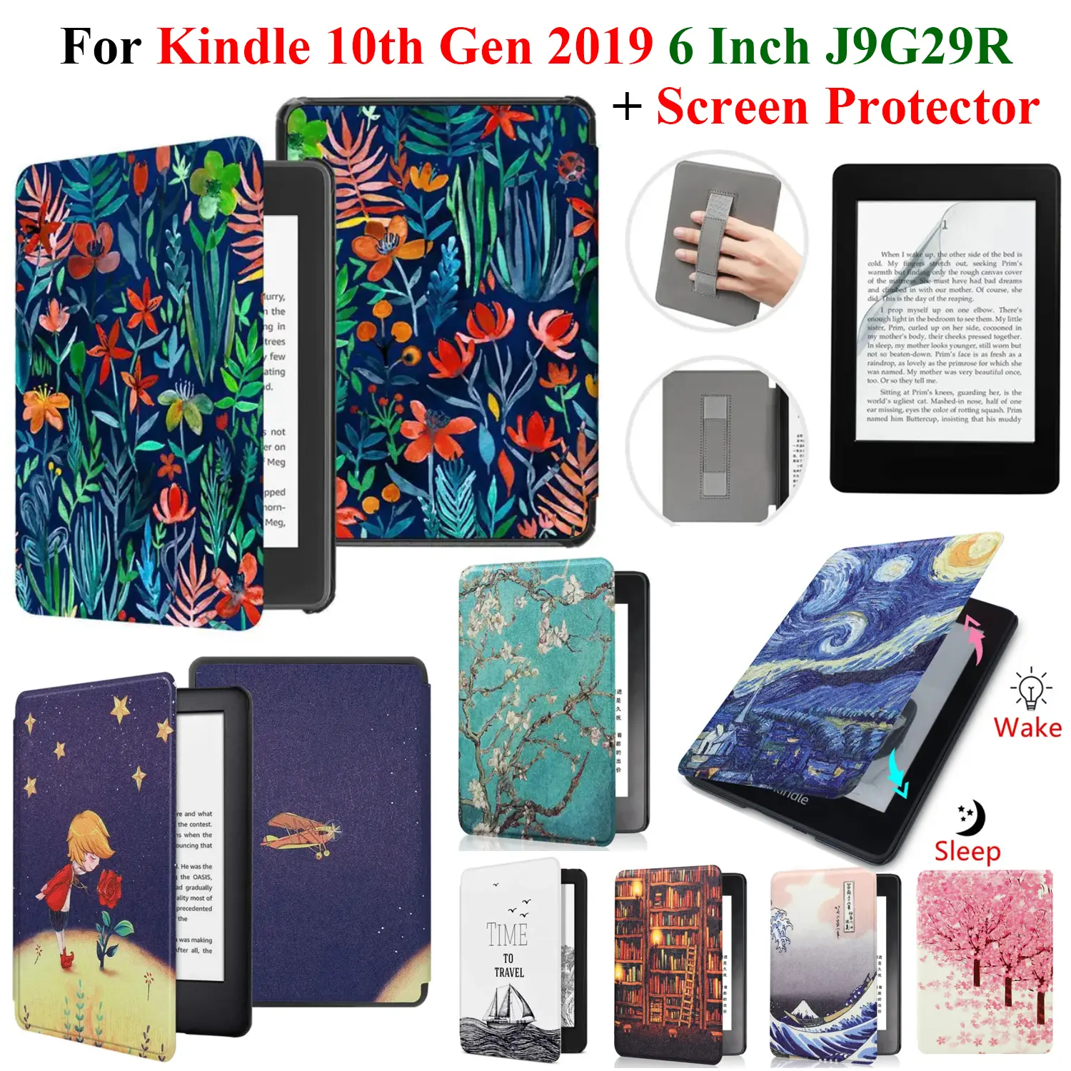 Leather Case with Handheld Strap + Screen Protector for 10th Generation Kindle (2019 J9G29R), 6-Inch Ebook Cover with Wake-Sleep Function