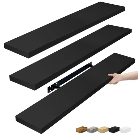 Sorbus 3-Piece Large Rectangle Modern Steel & Mahogany Floating Shelves Set - Easy-Install Organizer, Wall-Mounted Storage, Bedroom Shelves for Trophy Display, Room Decor with Small Space Support, Shelf Organizer