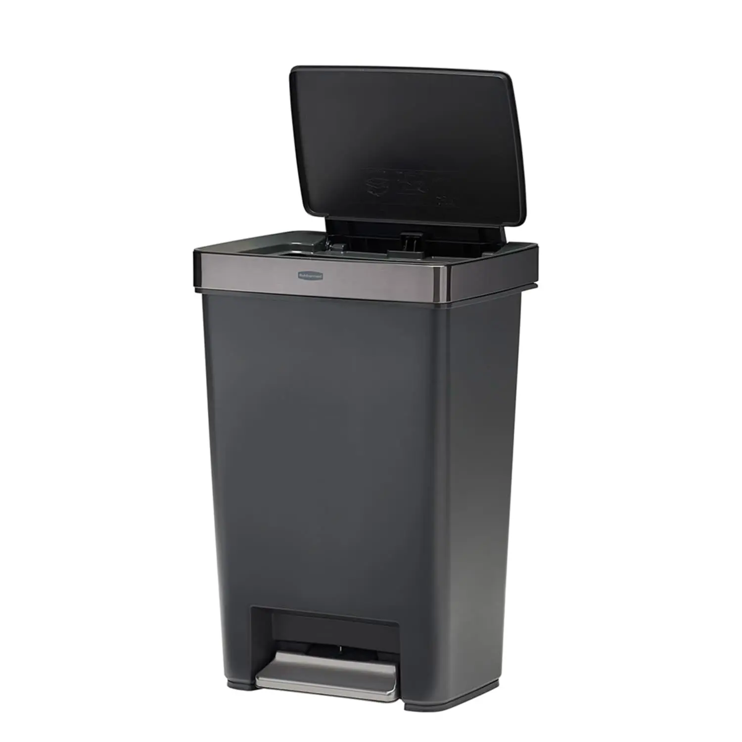 Rubbermaid Kitchen Trash Can - 12.4 Gal Plastic-Stainless Steel Soft-Close Lock Step Garbage Bin, Charcoal Indoor Waste & Recycling Bin for Home Care Supplies