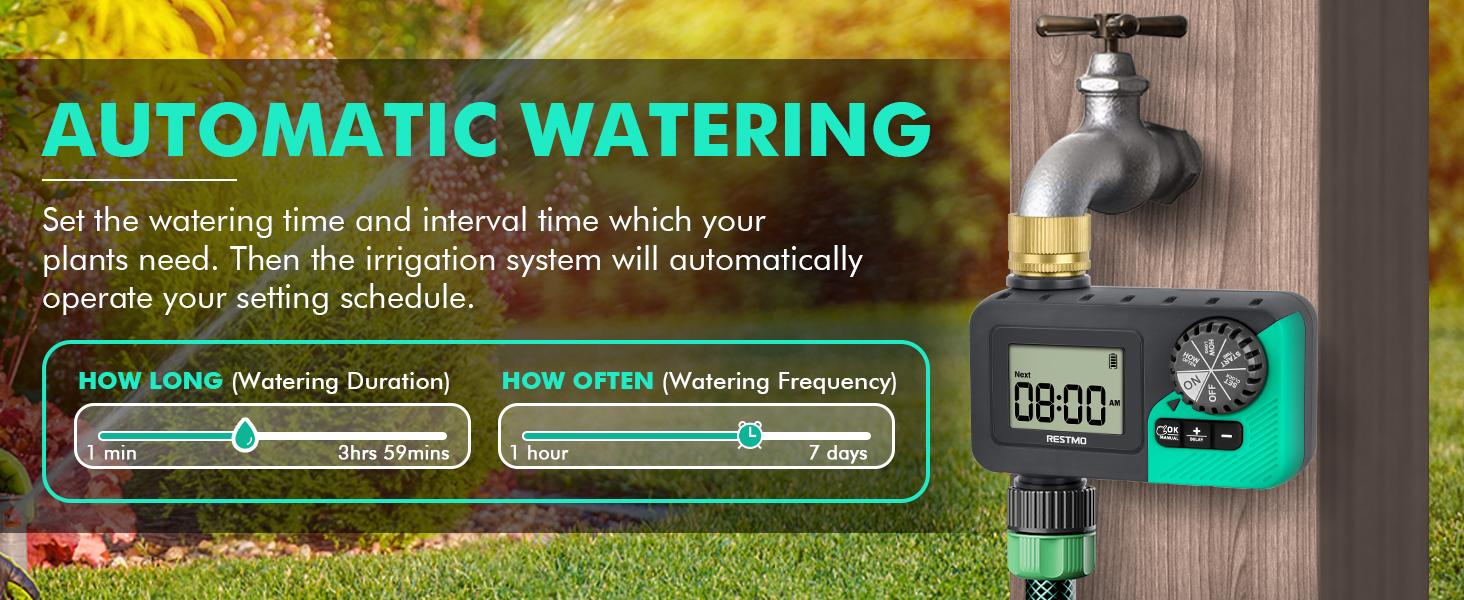 RESTMO Sprinkler Timer with Brass Inlet, Water Timer for Garden Hose, Rain Delay/Manual/Automatic for Outdoor Faucet, Drip Irrigation and Lawn Watering System
