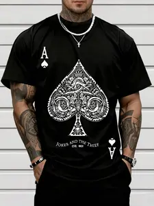 Men's Poker Card Spade a High-Definition Graphic Print Short Sleeve T-Shirt, Casual Fitted Round Neck Top, Street Style, Comfortable Fabric