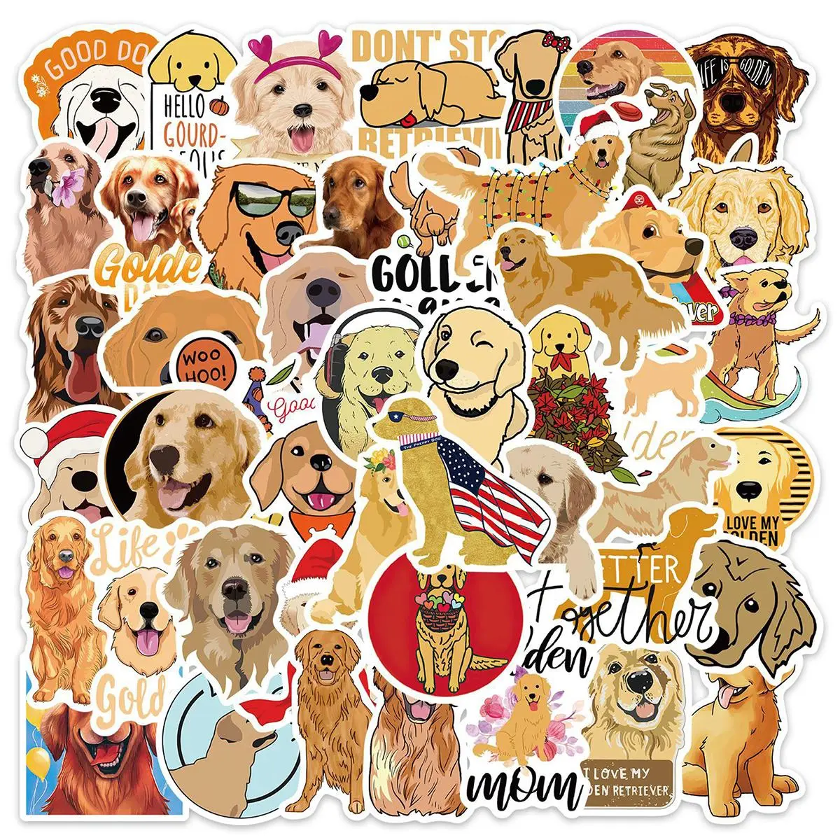 Cute Golden Retriever Pattern Sticker (50pcs), Waterproof Self Adhesive Decor Paper, Decor Sticker for Gift Greeting Card Water Bottle Laptop Phone, Ornaments