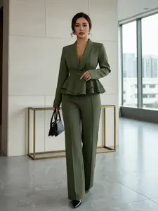 French Elegance Ruffle Blazer Two-Piece Suit Set, Slim Fit Fitted Blazer Jacket + Wide Leg Pants, Office Commute Ensemble Workwear, Women's Fashion, Ruffled