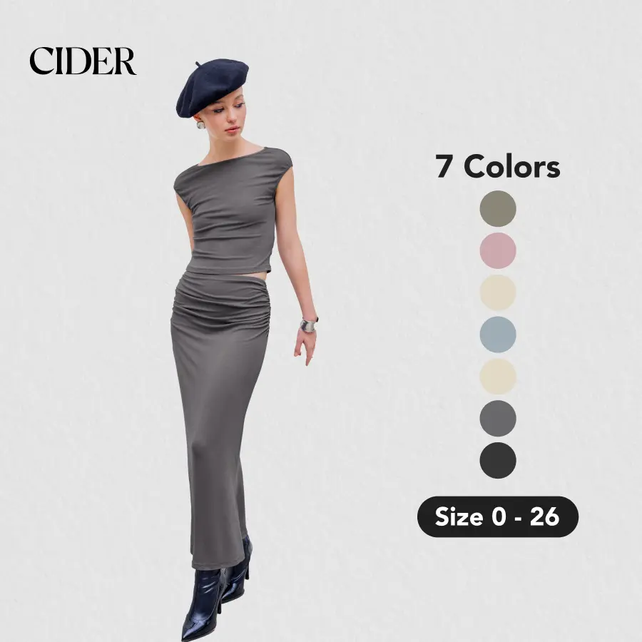 Cider [7 colors, size 0-26] Crop Top & Ruched Bodycon Maxi Skirt 2-Piece Set, High Stretch, Summer Beach Outfit, Baddie Set