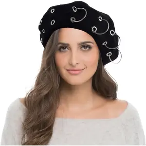 French Beret Hats Punk Iron Ring Beret for Women Fashionable Black